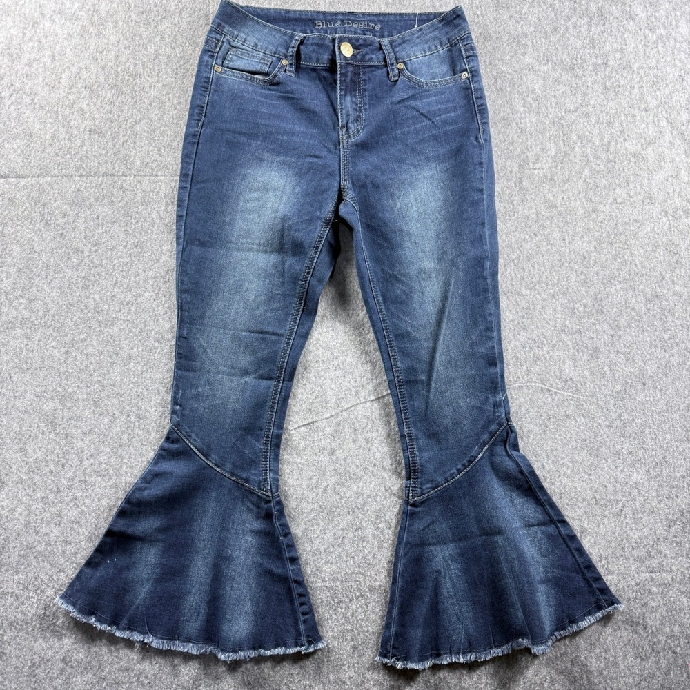 Blue Desire Womens Petite 5P Flare Jeans‎ Dark Wash Stretch Raw Hem Y2K Denim
